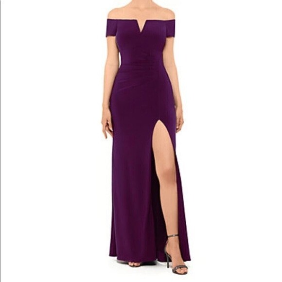 XSCAPE Off The Shoulder V-Neck Long Solid Gown Sz 4 - Picture 1 of 9
